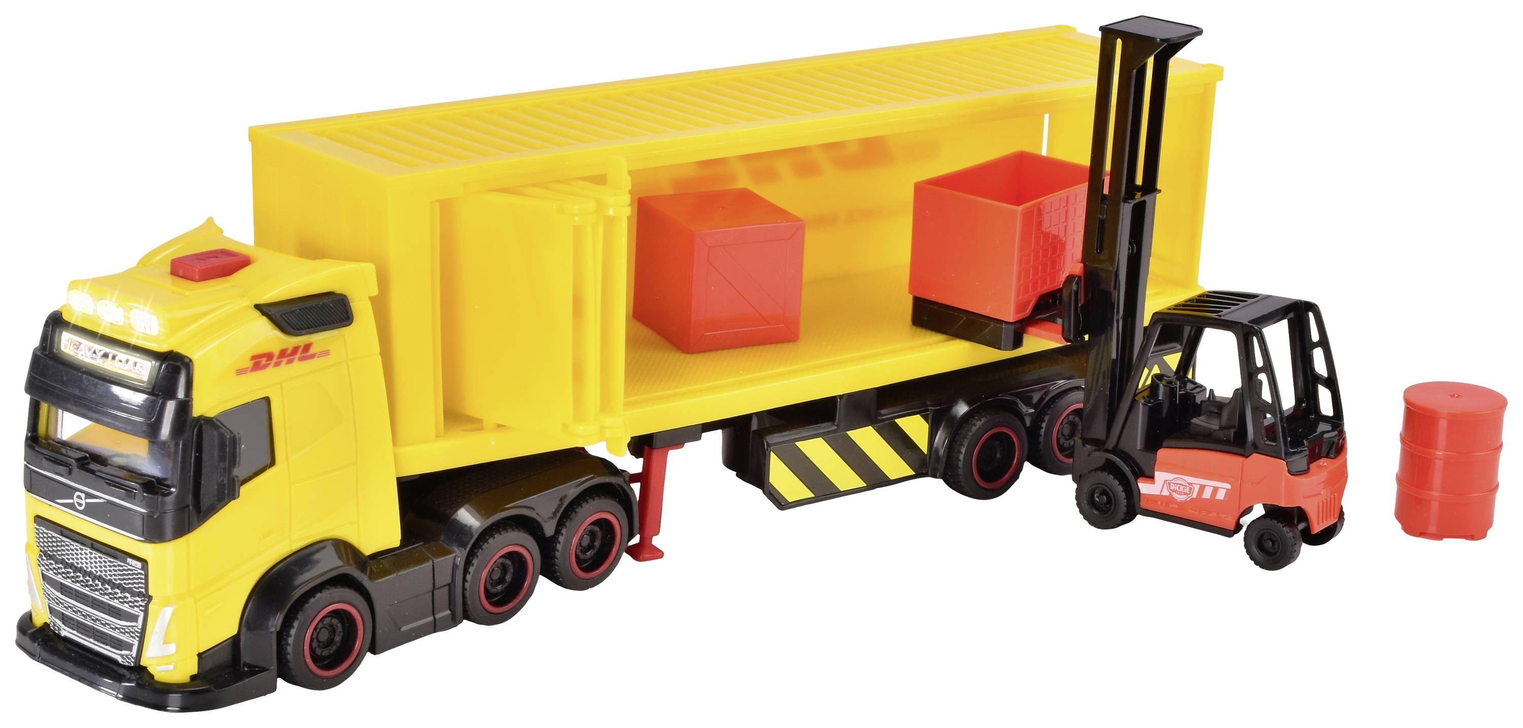 Żółta zabawkowa ciężarówka DHL z przyczepą, na której czerwony wózek widłowy załadowuje i rozładowuje czerwone kontenery.