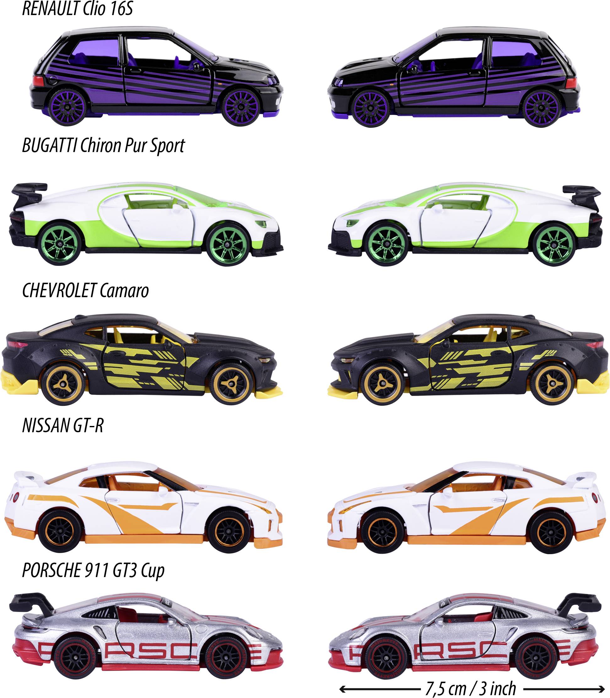 Pięć miniaturowych samochodów wyścigowych: Renault Clio, Bugatti Chiron, Chevrolet Camaro, Nissan GT-R, Porsche 911. Porównanie długości, wszystkie 7,5 cm.