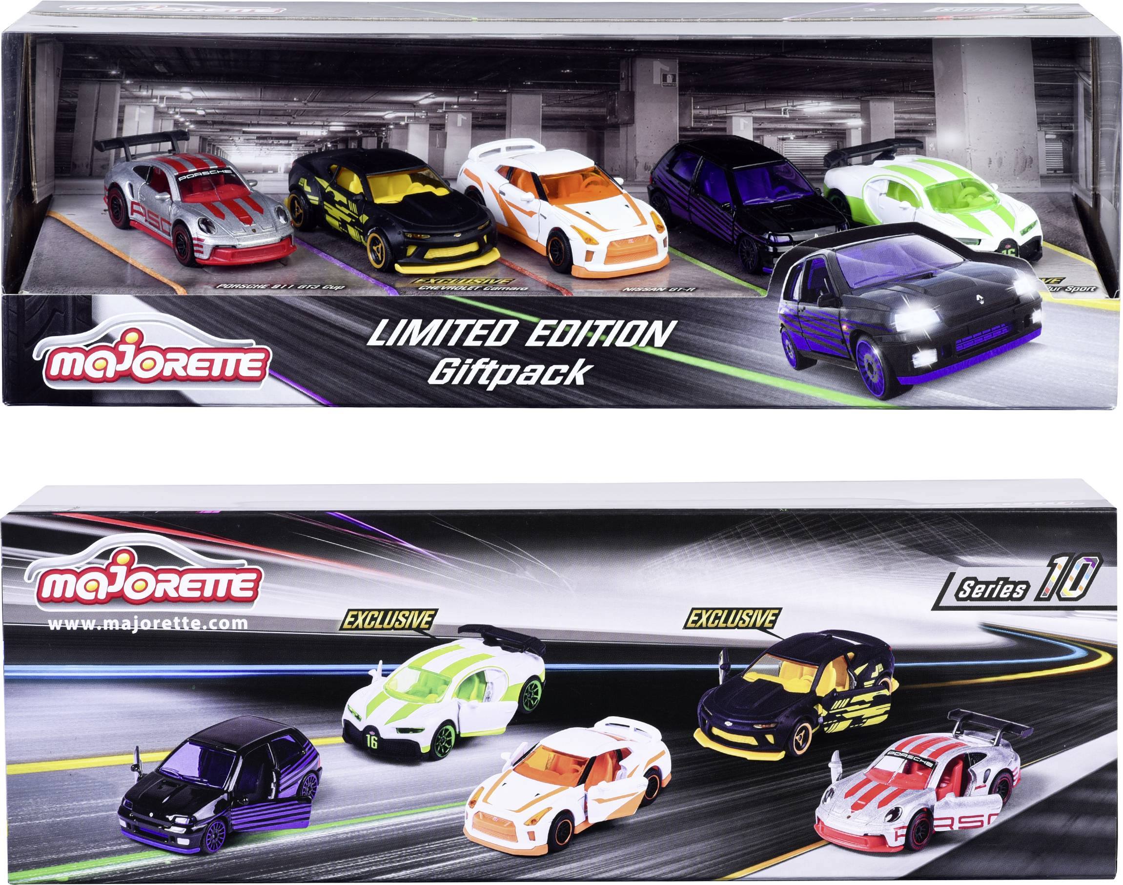 Zestaw kolekcjonerskich modeli samochodów w limitowanej edycji. Zawiera sześć kolorowych samochodów zabawek przedstawionych na torze wyścigowym.