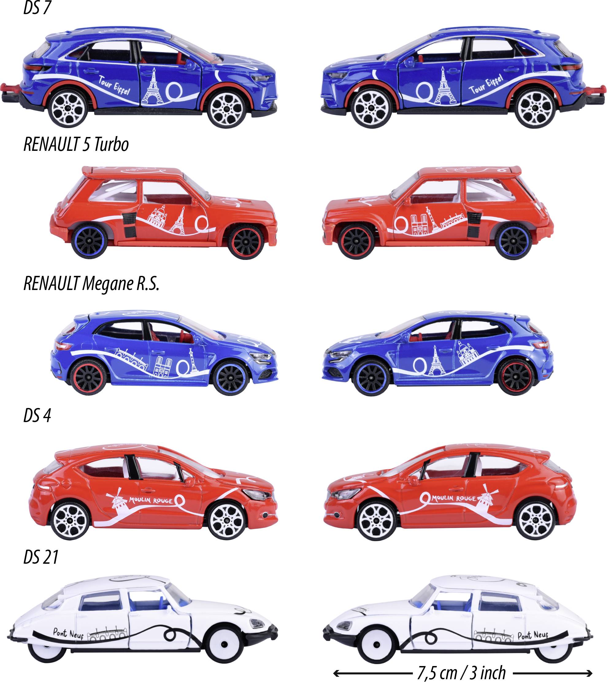 Sześć modeli samochodów w kolorach niebieskim, czerwonym i białym, z oznaczeniami: 'DS 7', 'RENAULT 5 Turbo', 'RENAULT Megane R.S.', 'DS 4', 'DS 3', 'DS 21'. Po dwa w tym samym kolorze i kształcie. Skala 7,5 cm/3 cale.