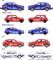 Sześć modeli samochodów w kolorach niebieskim, czerwonym i białym, z oznaczeniami: 'DS 7', 'RENAULT 5 Turbo', 'RENAULT Megane R.S.', 'DS 4', 'DS 3', 'DS 21'. Po dwa w tym samym kolorze i kształcie. Skala 7,5 cm/3 cale.