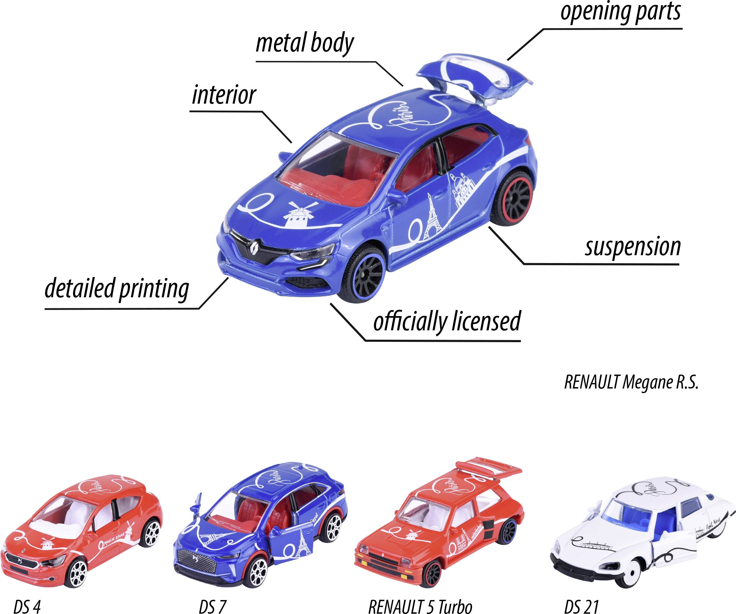 Pięć modeli samochodów w różnych kolorach i wzorach. Zbliżenie niebieskiego Renault Megane R.S. z podkreślonymi szczegółami.