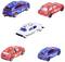 Pięć kolorowych samochodów zabawkowych we wzory białe i czerwone na białym tle. Samochody są ustawione w różnych kierunkach jazdy.