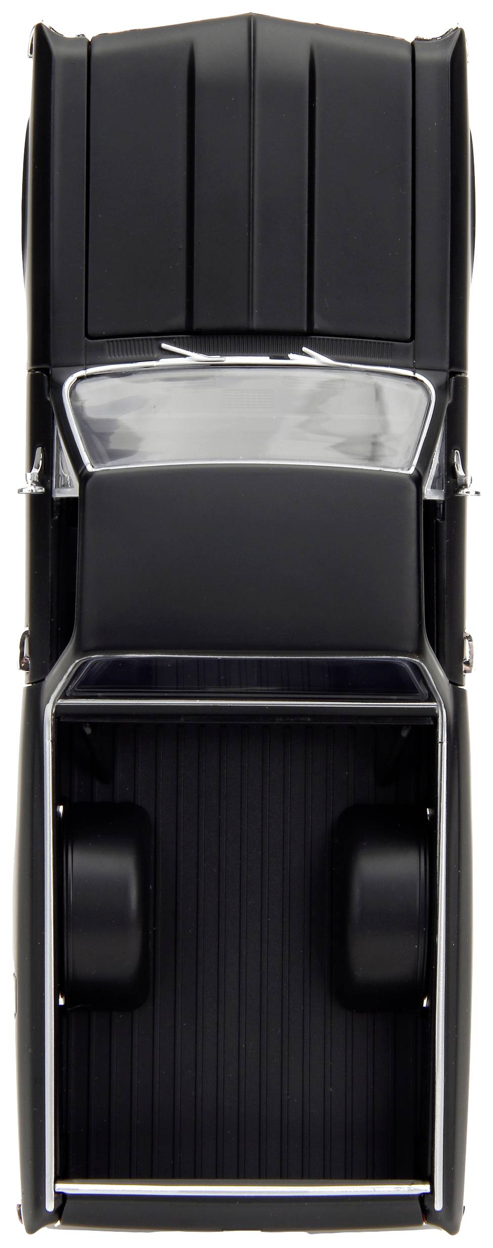 Czarny model samochodu, widok z góry. Otwarta przestrzeń ładunkowa, szczegółowo wykonane nadwozie. Widoczny dach i przednia szyba.