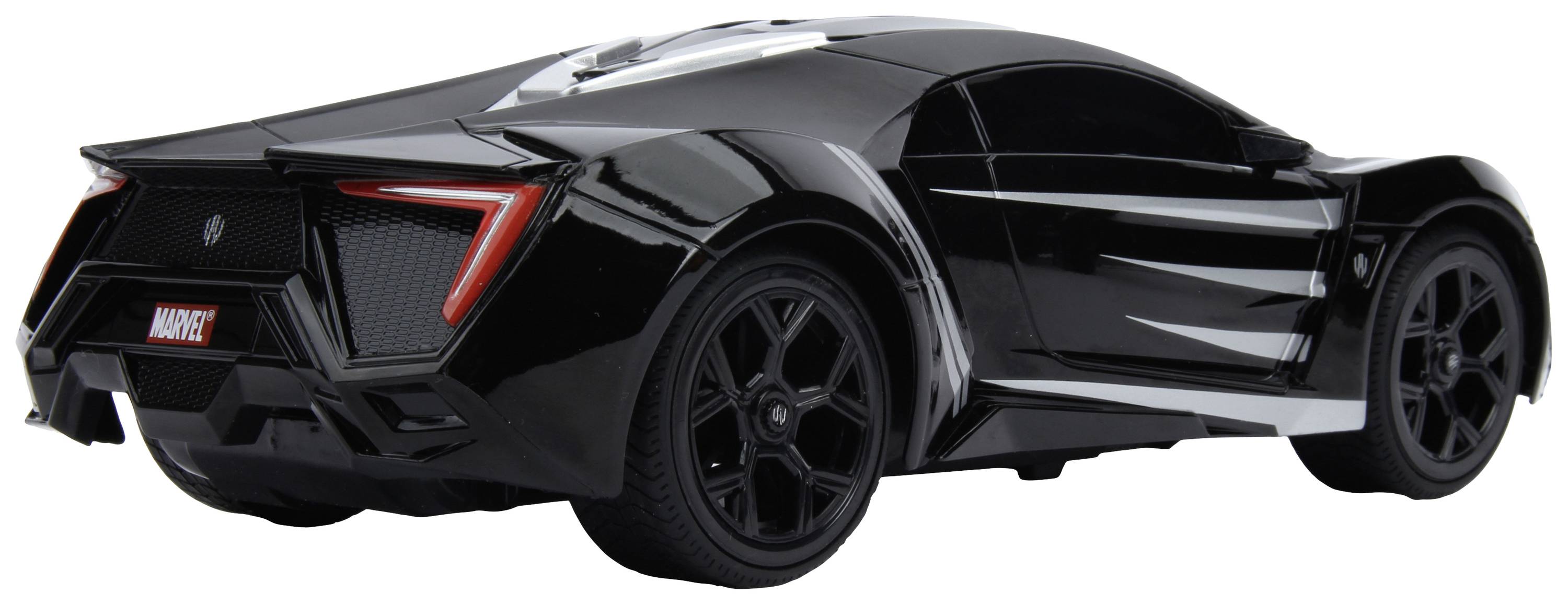 Czarny model samochodu o nowoczesnych, kanciastych kształtach z czerwonymi tylnymi światłami, widziany z boku i lekko z tyłu.