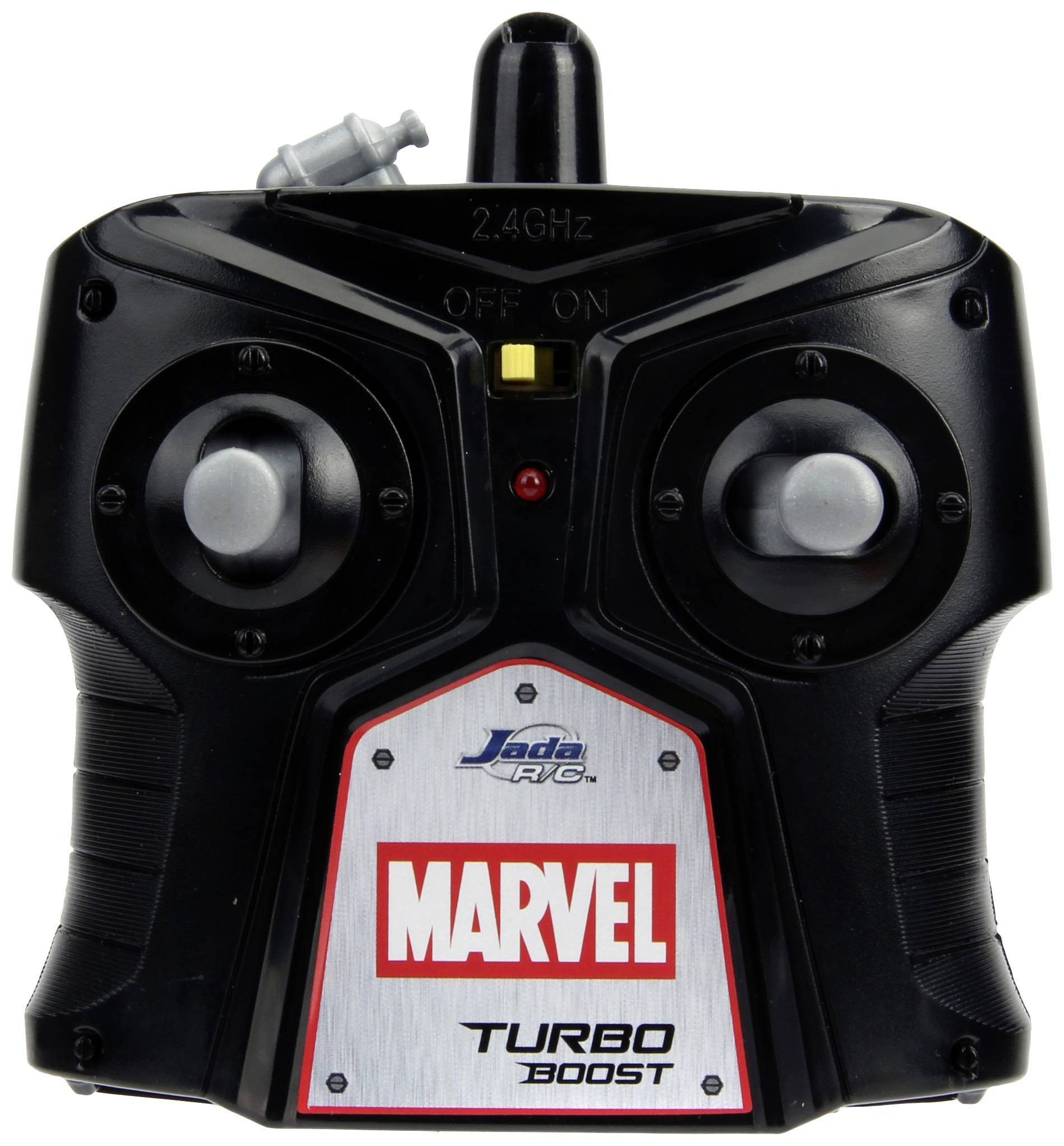 Czarny kontroler zdalnego sterowania z napisem 'Marvel Turbo Boost', dwoma joystickami i przełącznikiem na górze przeznaczony do pracy w paśmie 2,4 GHz.