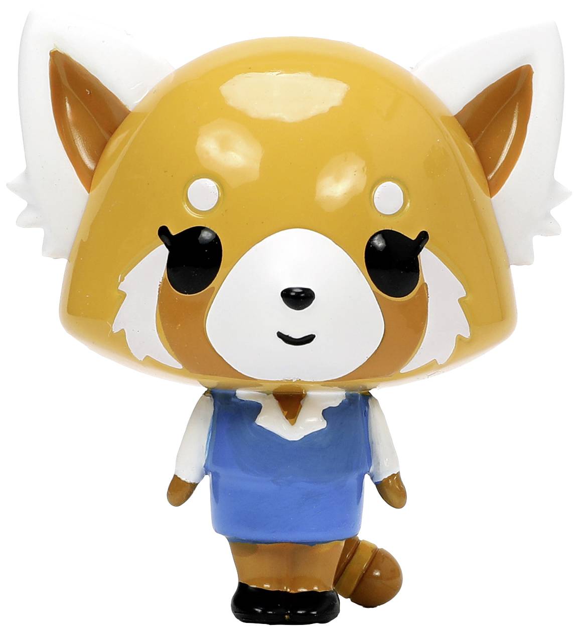 Postać stylizowanego czerwonego pandy w niebieskiej sukience. Ma duże oczy i szeroki uśmiech.