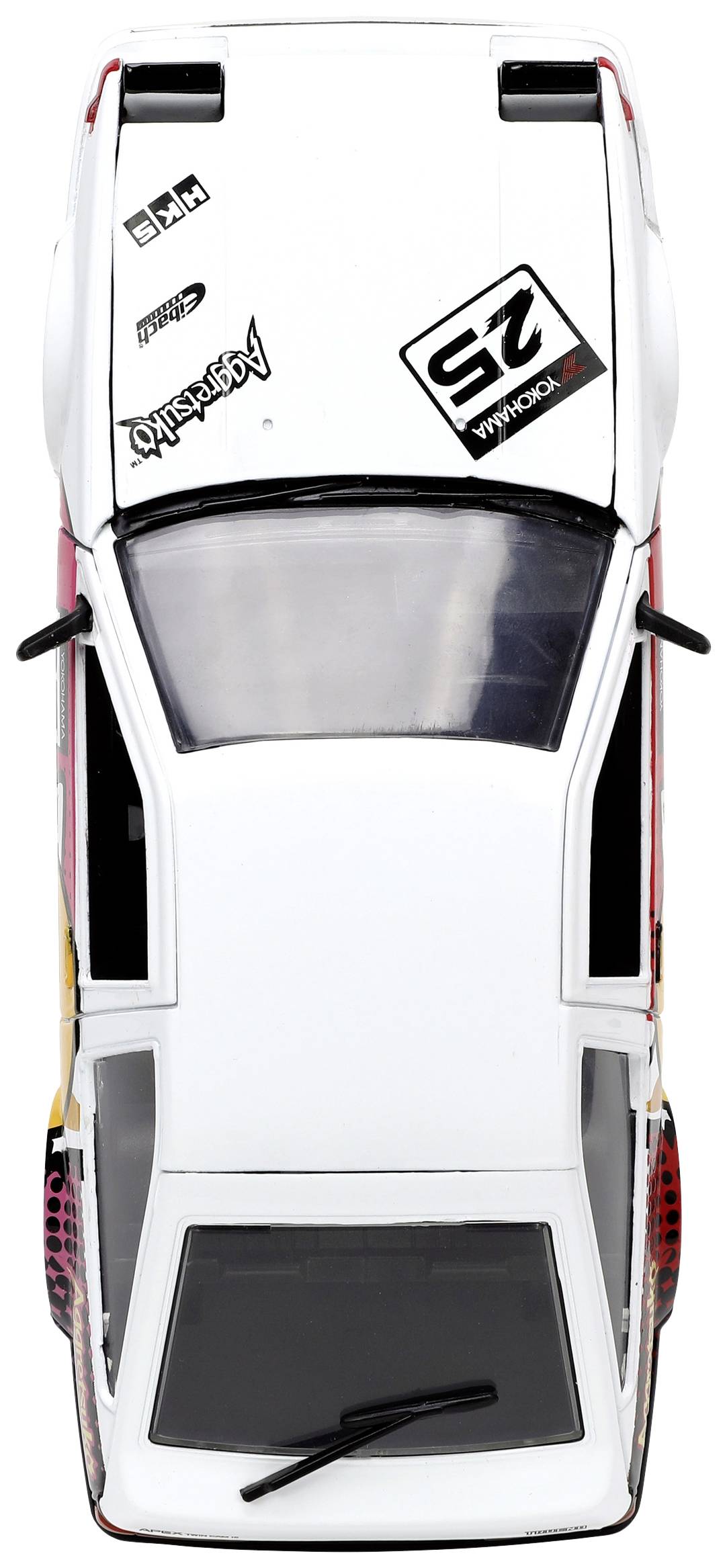 Biały model samochodu sfotografowany z góry, z naklejkami sponsorów na masce i czarną szybą.