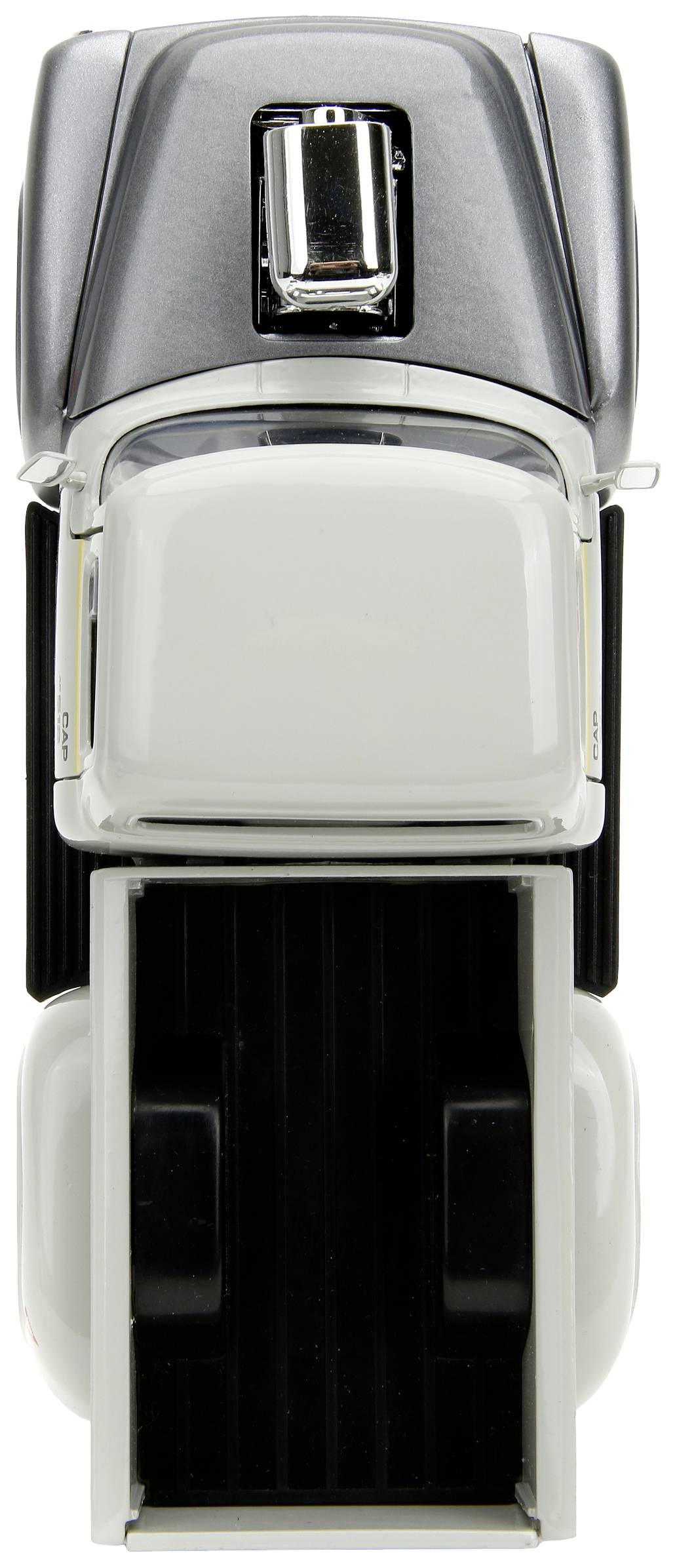 Modelik samochodu widziany z góry, przedstawiający nadwozie w dwóch kolorach z otwartą przestrzenią ładunkową.