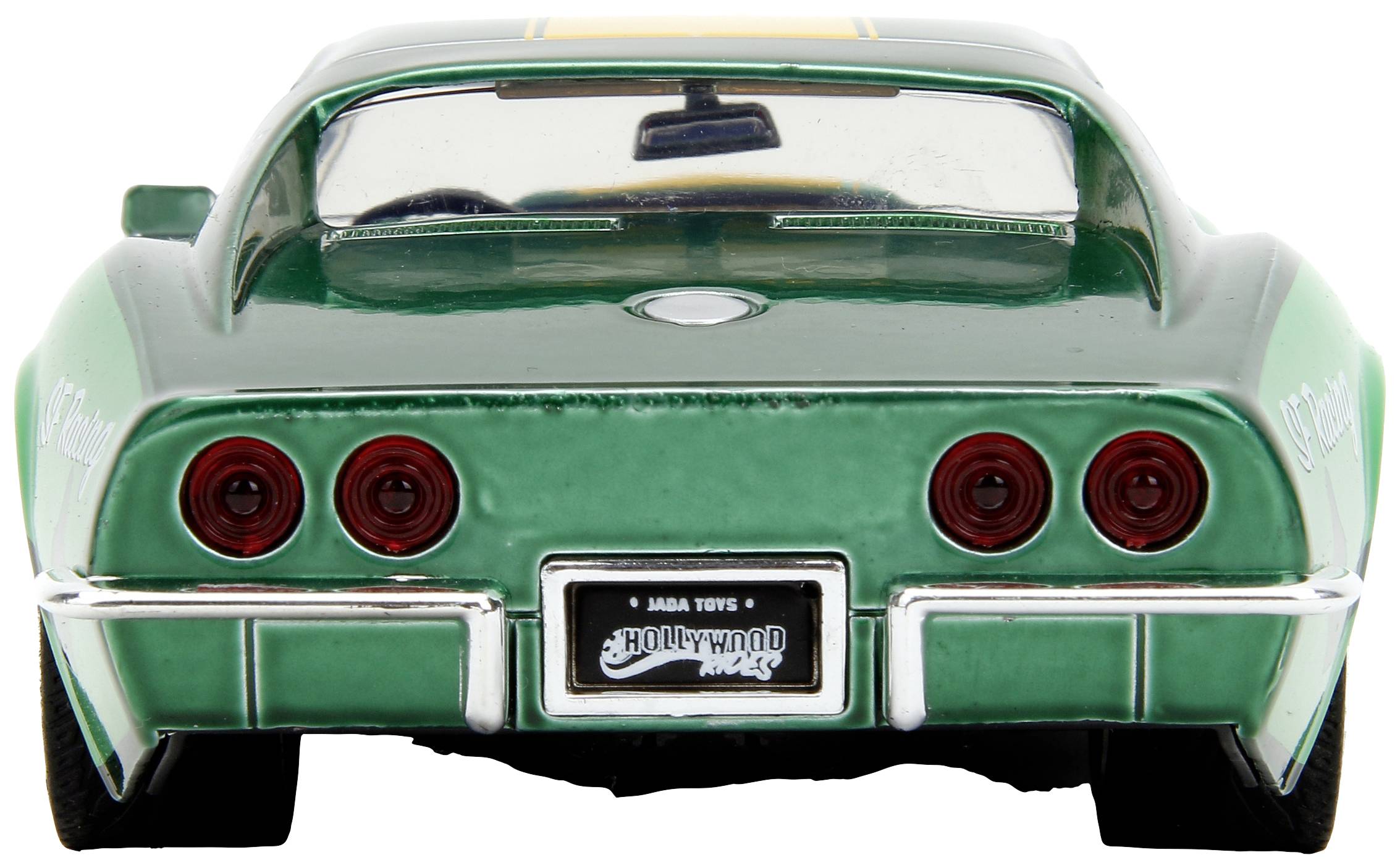 Zielony samochodzik zabawkowy widziany od tyłu, z czterema okrągłymi lampami tylnymi i tablicą rejestracyjną 'Hollywood Rides'.