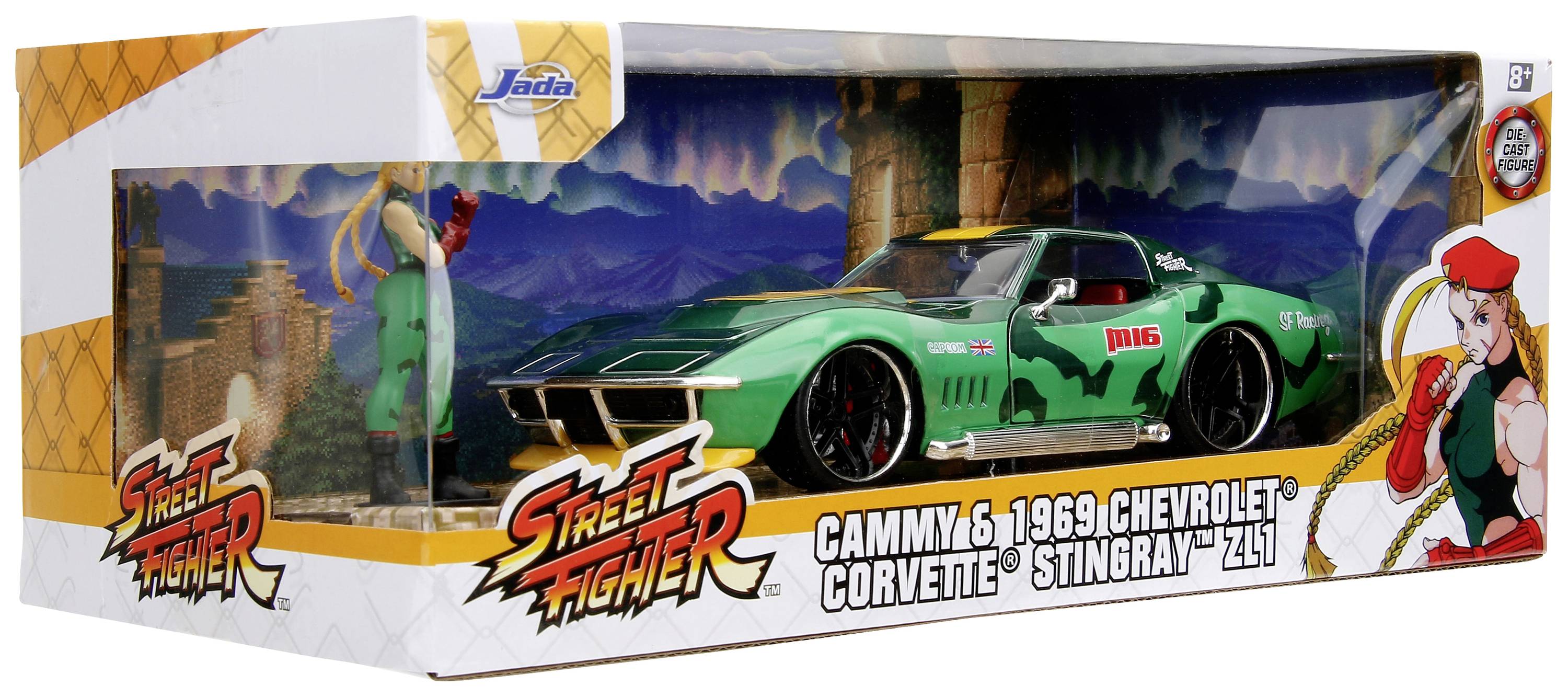 Zabawkowy samochodzik 'Chevrolet Corvette Stingray' z 1969 roku w zielonym kolorze, utrzymany w stylistyce Street Fighter, z ilustracjami komiksowymi w opakowaniu.