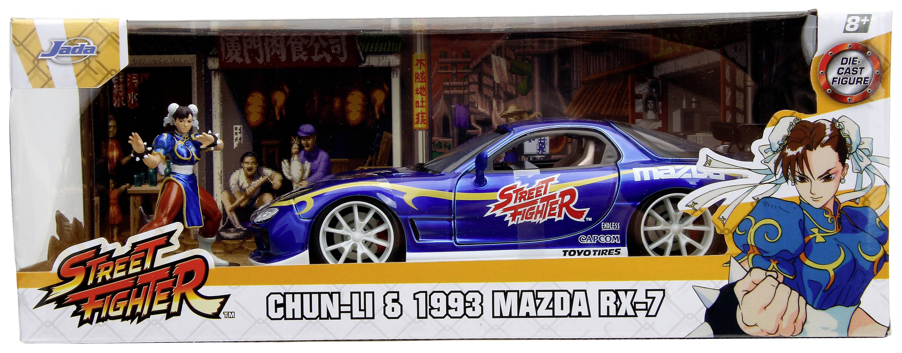 Miniaturowy model samochodu Mazda RX-7 z 1993 roku w kolorze niebieskim, z designem z serii 'Street Fighter' oraz figurką Chun-Li. Zapakowany w ozdobne pudełko.