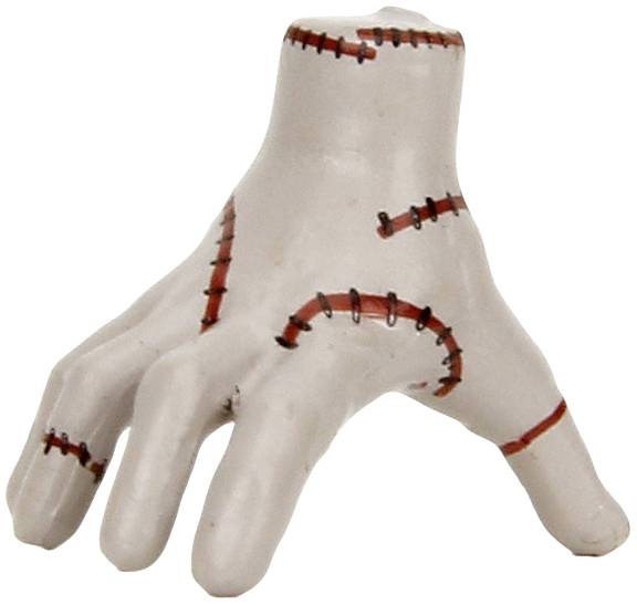 Biała, rzeźba w kształcie dłoni z czerwonymi szwami, przypominająca baseball.