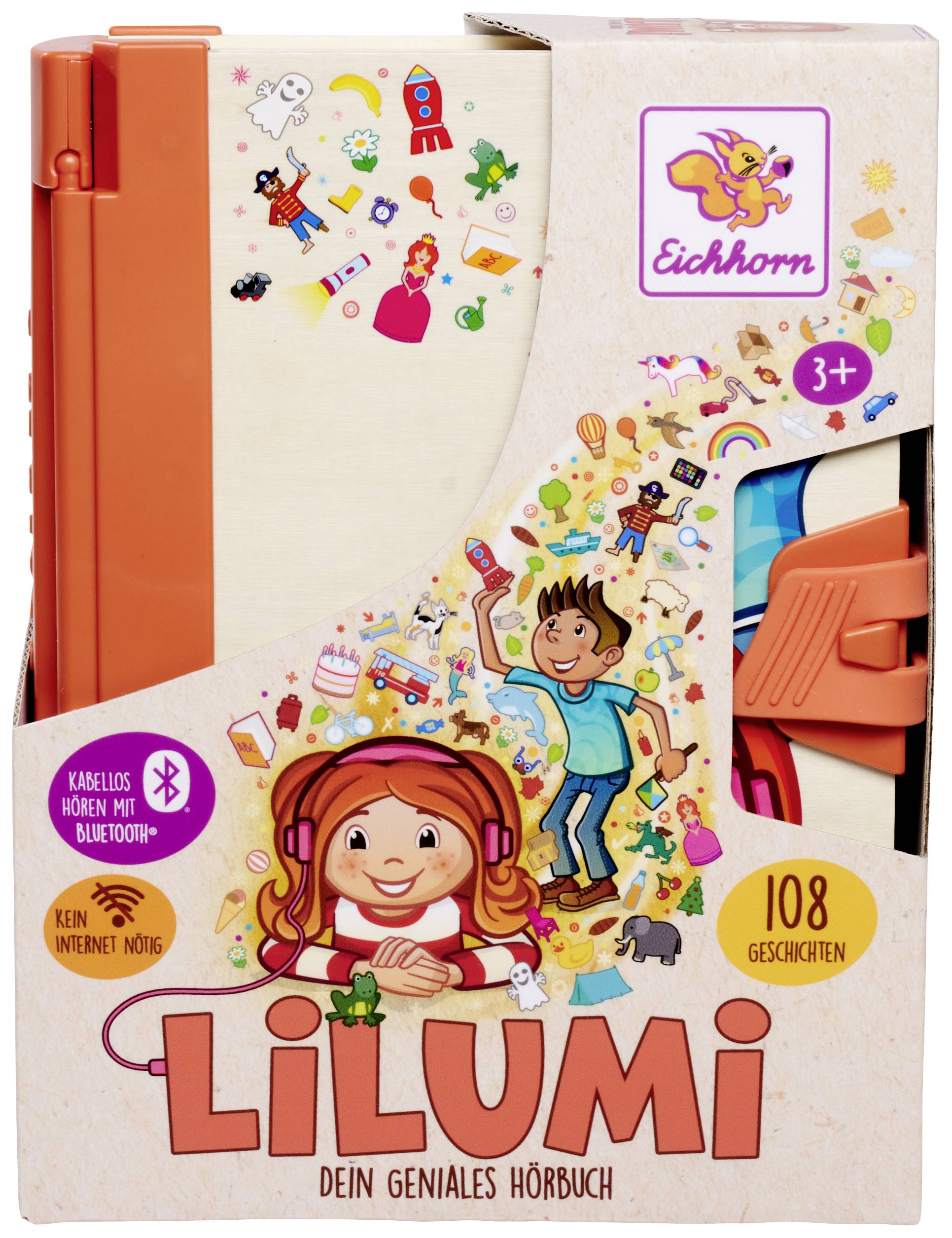 Opakowanie 'Lilumi': Genialny audiobook dla dzieci od 3 lat, zawiera 108 opowiadań, z funkcją Bluetooth, bez dostępu do internetu.