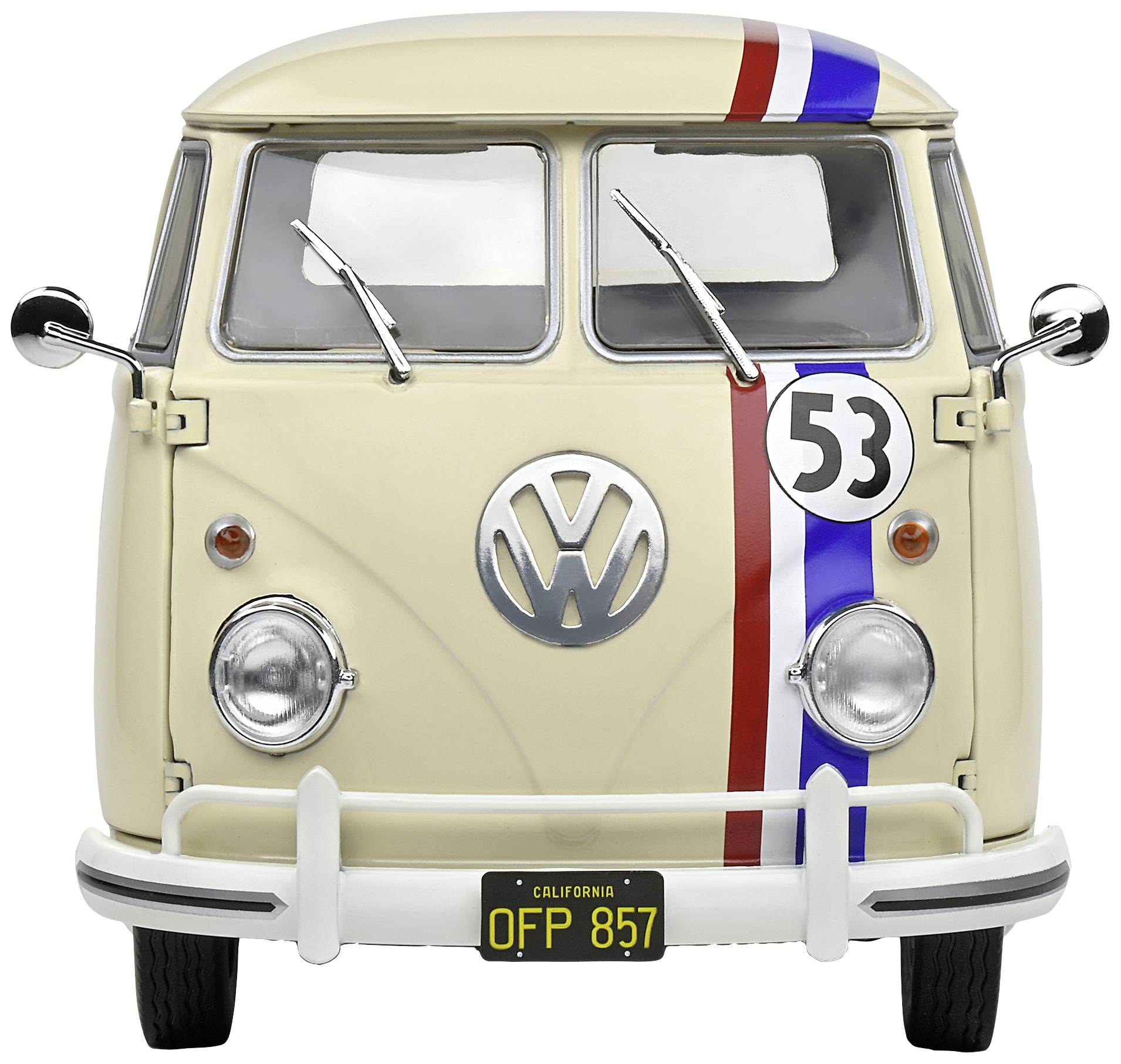 Beżowy volkswagen bus z czerwonym i niebieskim paskiem, kołem z numerem '53' i kalifornijską rejestracją 'OFP 857'.