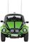 Zielony VW Beetle w stylu Baja, ujęcie z przodu, z czarnymi akcentami i agresywnym zderzakiem; tablica rejestracyjna 'BAJA BUG'.