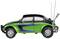 Zabawkowy samochodzik w stylu klasycznego VW Beetle w kolorze zielonym i czarnym z niebieskimi paskami, dokładnie odwzorowany dla miłośników modeli.