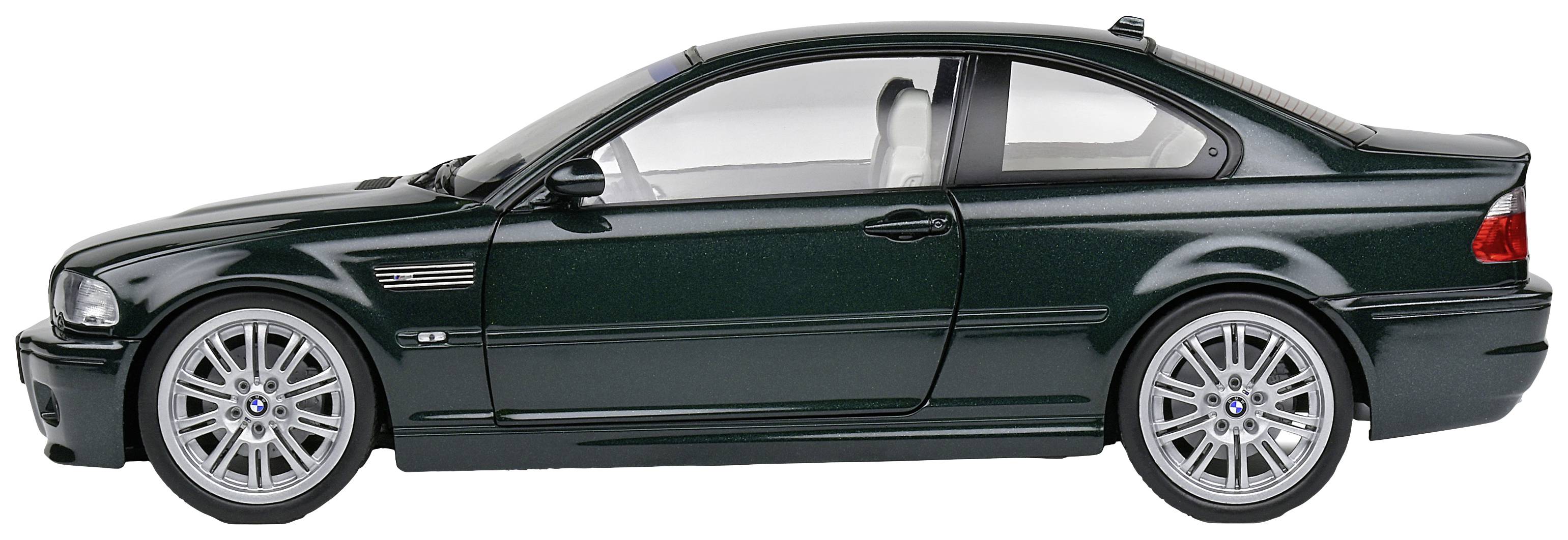 Ciemnozielony model samochodu sportowego coupe z dwoma drzwiami, srebrnymi felgami i przejrzystymi szybami, widziany z boku.