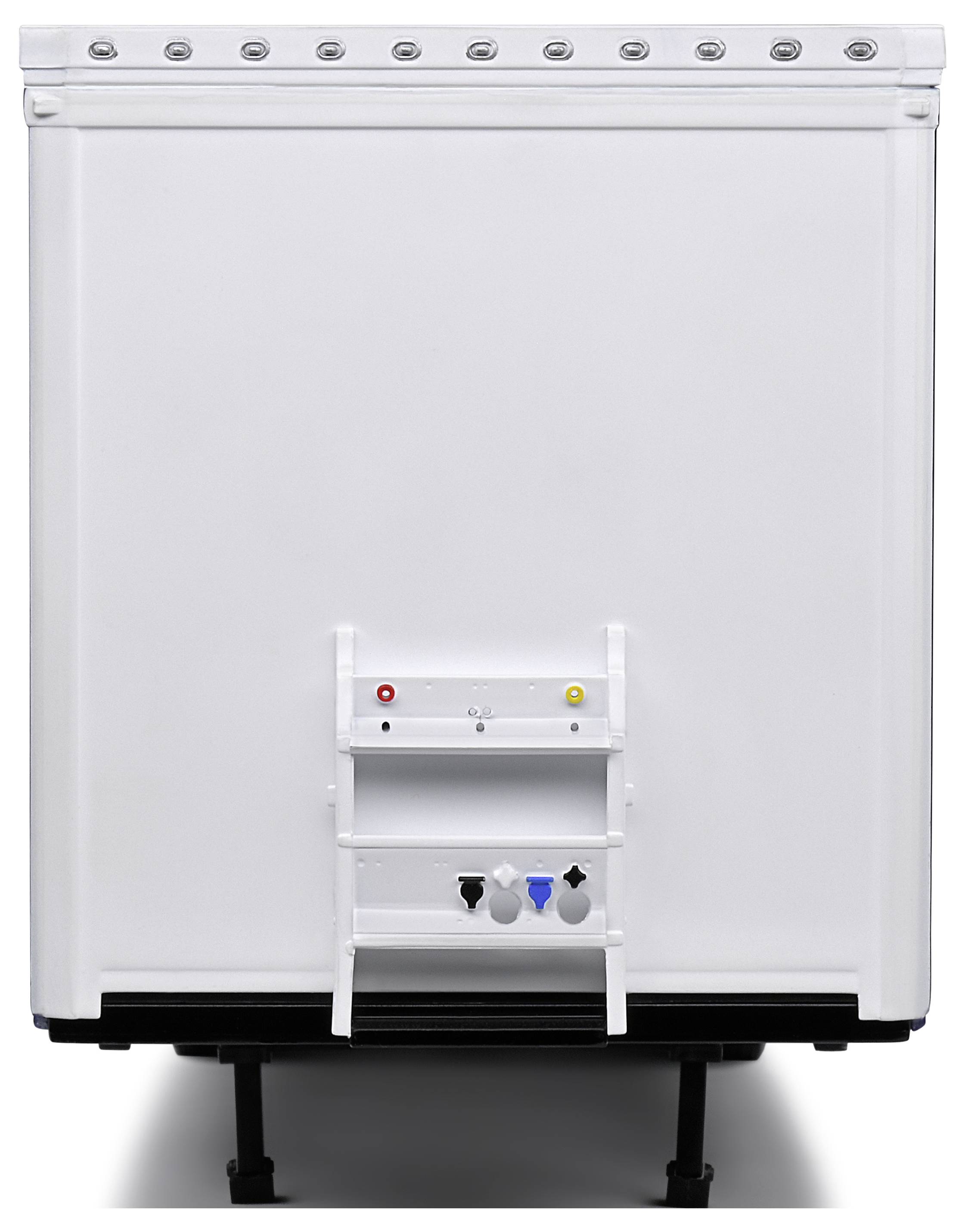 Białe drzwi lodówki z przyciskami u dołu.