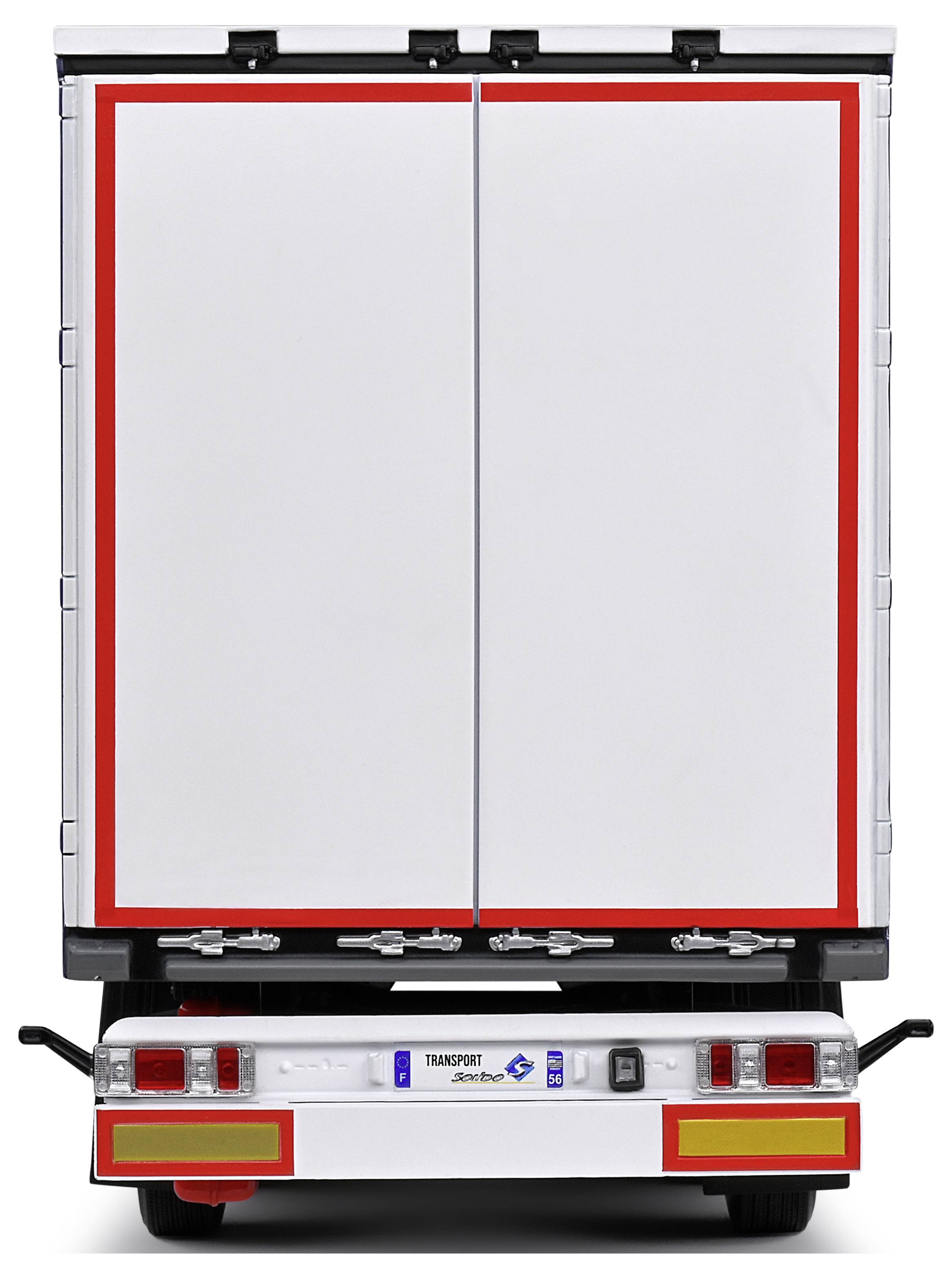 Widok z tyłu białej ciężarówki z czerwoną ramką na drzwiach.