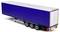 Niebieski przyczepa ciężarowa o trzech osiach jest widoczna z boku. Posiada srebrny górny obszar i czerwone tylne światła.