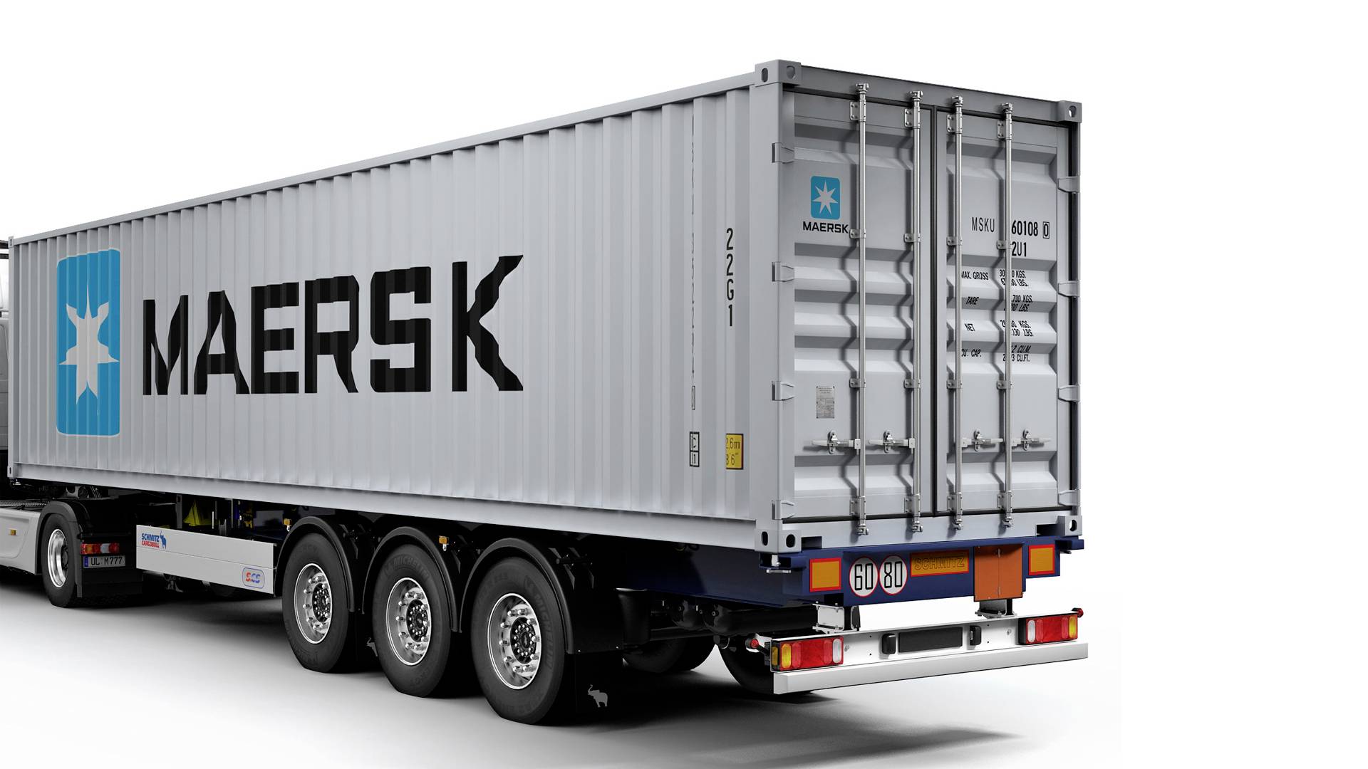 Ciężarówka z dużym kontenerem Maersk na przyczepie, widoczna z tyłu i z boku, przedstawia standardowy transport dostaw.