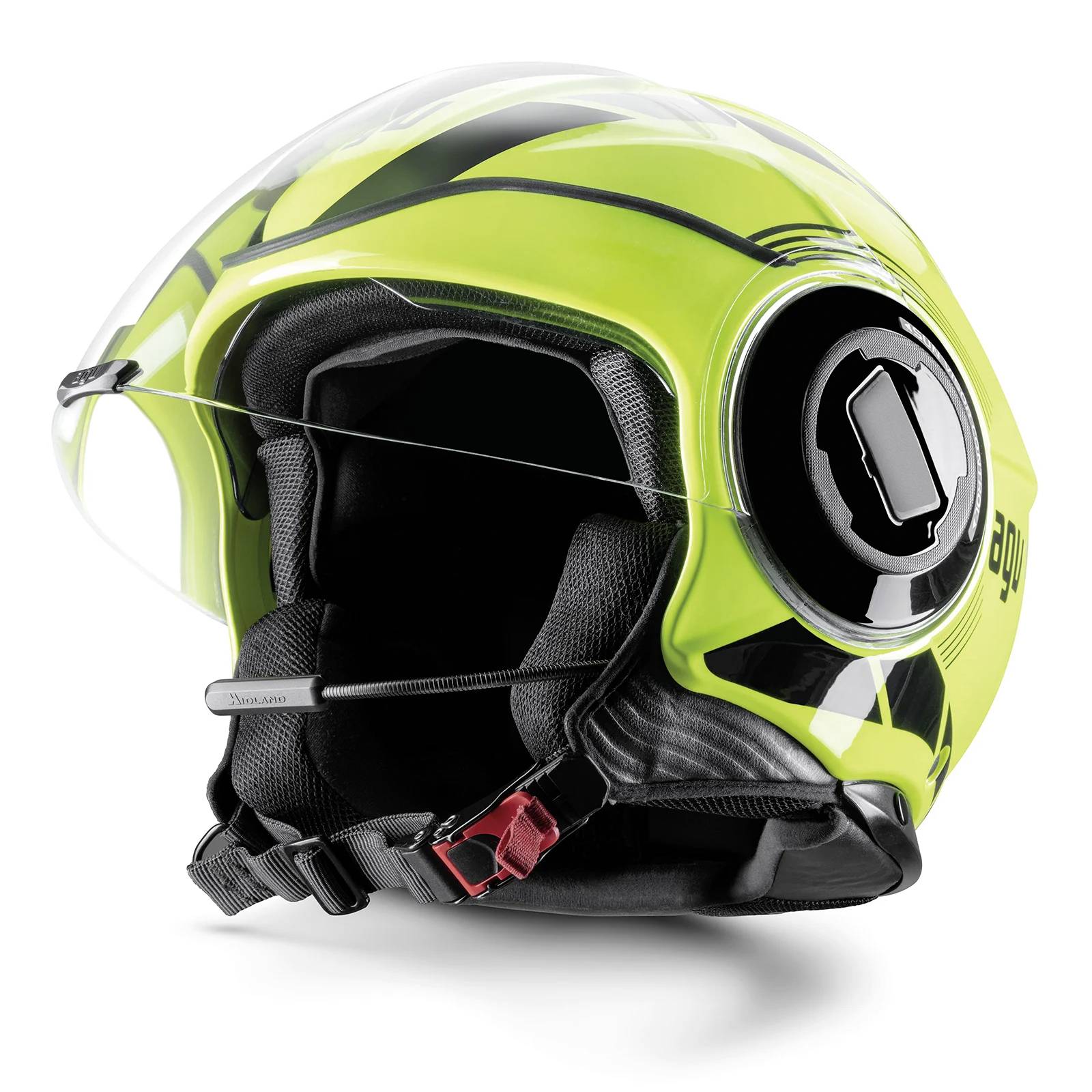 Jaskrawo żółty kask motocyklowy z czarnym wzorem i przezroczystym wizjerem, sfotografowany z boku, prezentuje szczegóły wentylacji i zapięcie bezpieczeństwa.