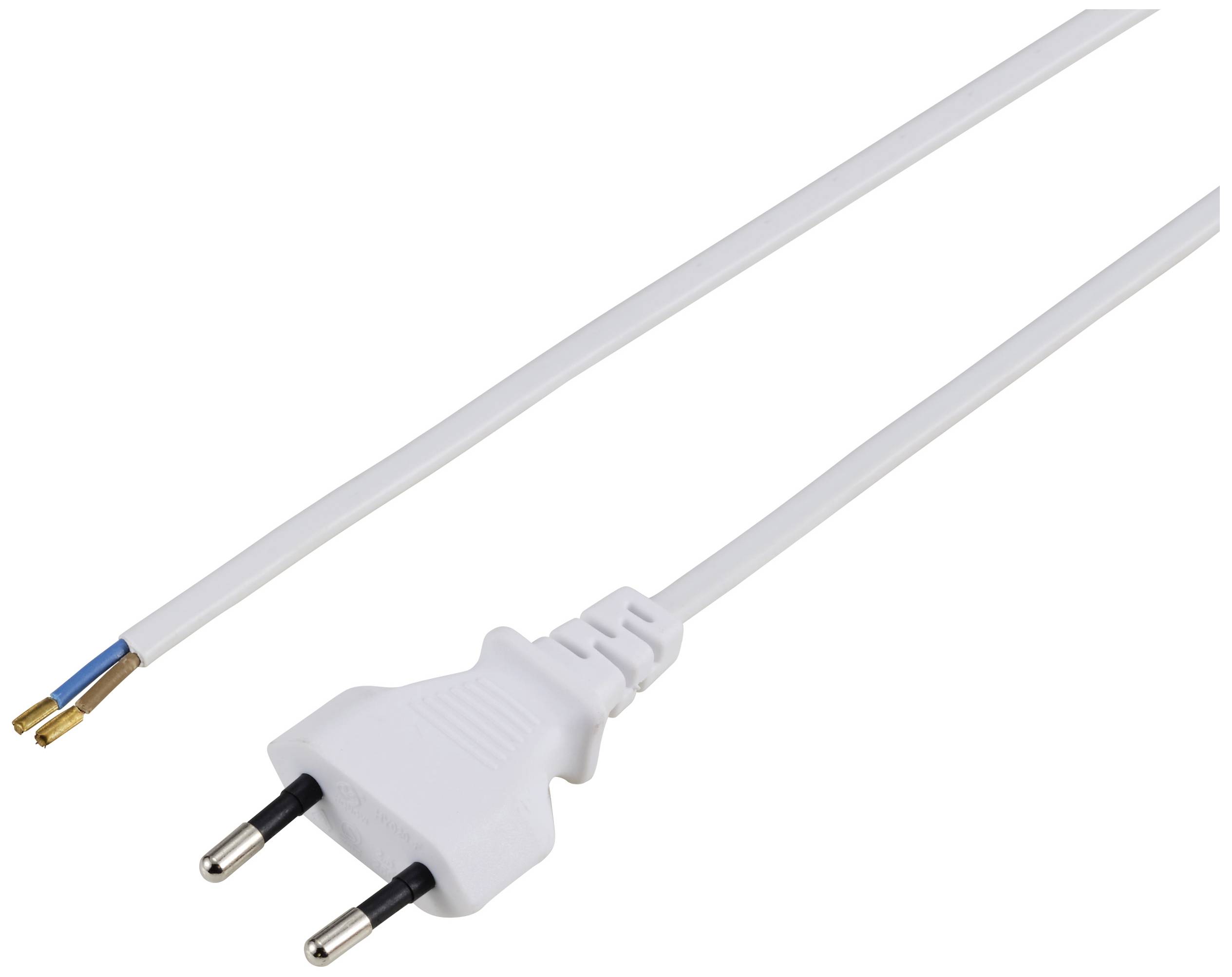 Biały przewód elektryczny zakończony jest wtyczką dwubiegunową. Na przeciwnym końcu widoczne są dwa odsłonięte przewody w kolorze miedzianym.