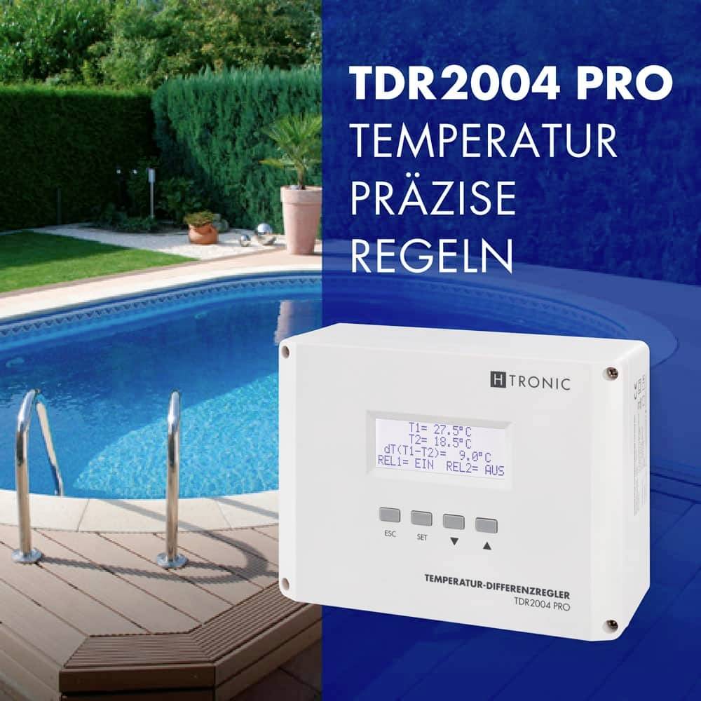 Cyfrowe urządzenie do precyzyjnej regulacji temperatury przedstawione obok basenu w ogrodzie, tekst: TDR2004 PRO PRECYZYJNIE STERUJ TEMPERATURĄ.