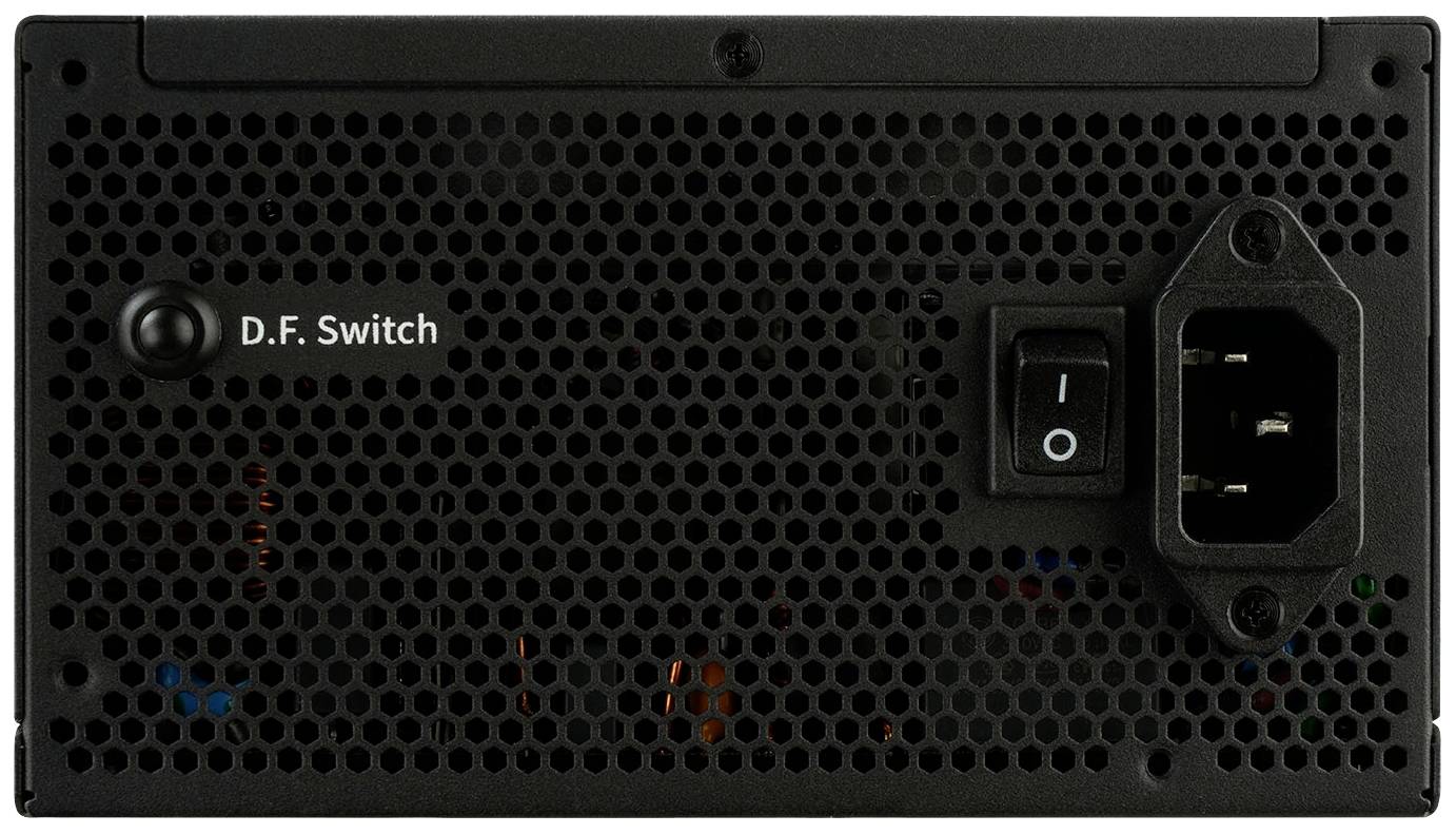 Tylna strona zasilacza komputerowego z wtyczką sieciową, włącznikiem/wyłącznikiem oraz przełącznikiem 'D.F. Switch'.