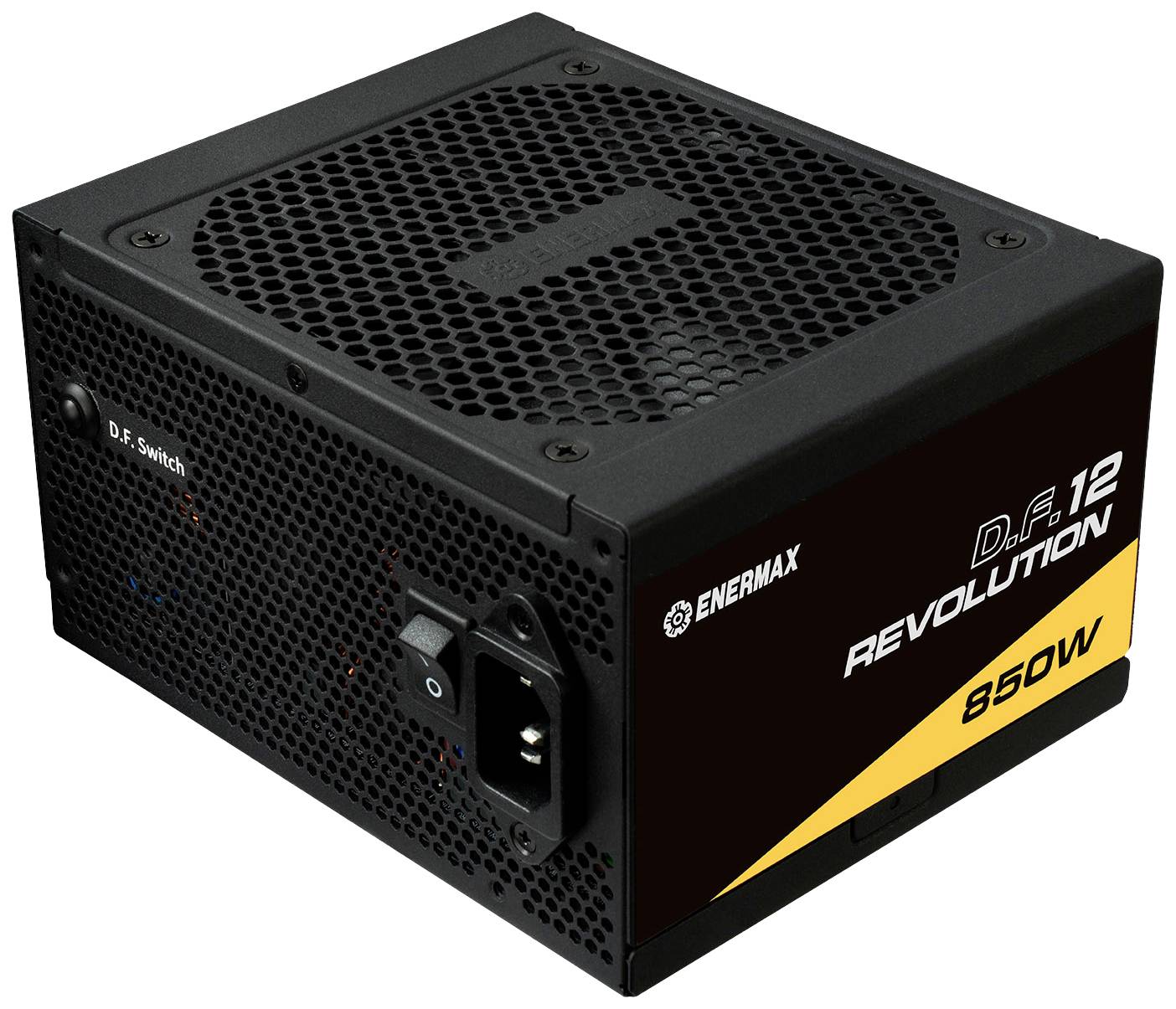 Zasilacz Enermax 850W, czarny, do komputera, z przełącznikiem D.F. i kratką wentylacyjną na górze, model 'Revolution D.F.12'.