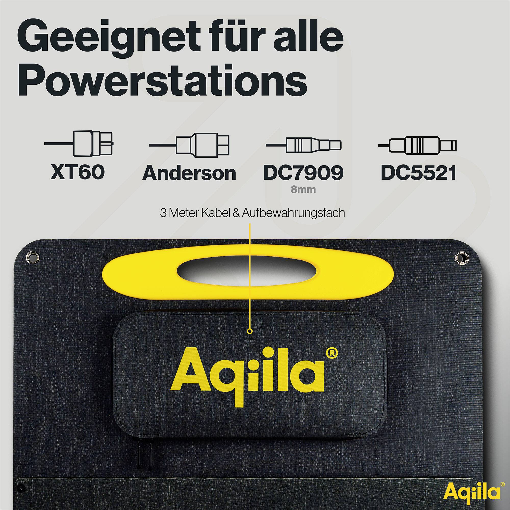 Tekst: Odpowiedni dla wszystkich elektrowni przenośnych. Wtyki: XT60, Anderson, DC7909, DC5521. 3-metrowy kabel i schowek. Marka: Aqilla.