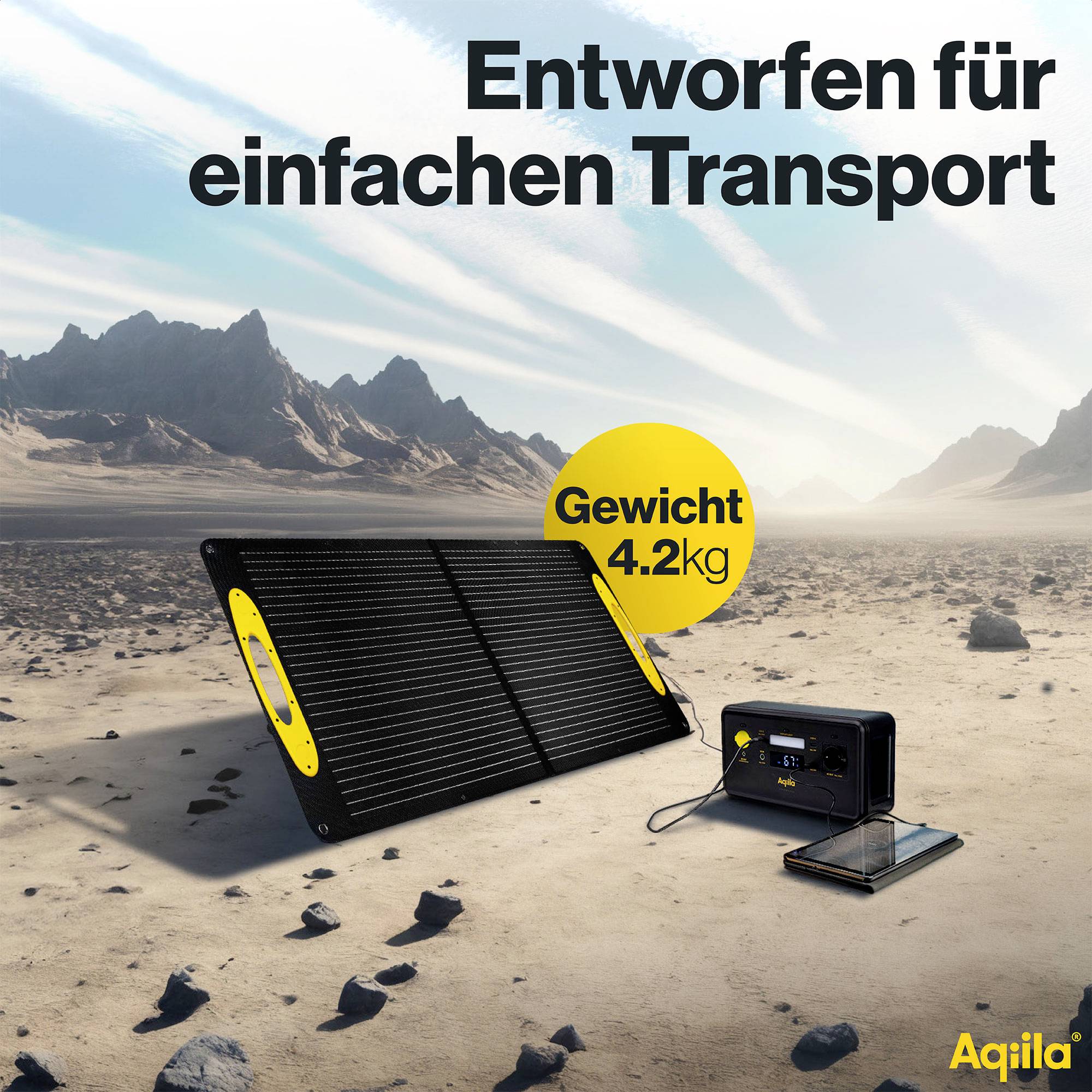 Przenośny panel słoneczny i stacja zasilania na piaszczystym gruncie, otoczone górami. Tekst: 'Zaprojektowany do łatwego transportu', 'Waga 4,2 kg'.