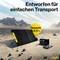 Przenośny panel słoneczny i stacja zasilania na piaszczystym gruncie, otoczone górami. Tekst: 'Zaprojektowany do łatwego transportu', 'Waga 4,2 kg'.
