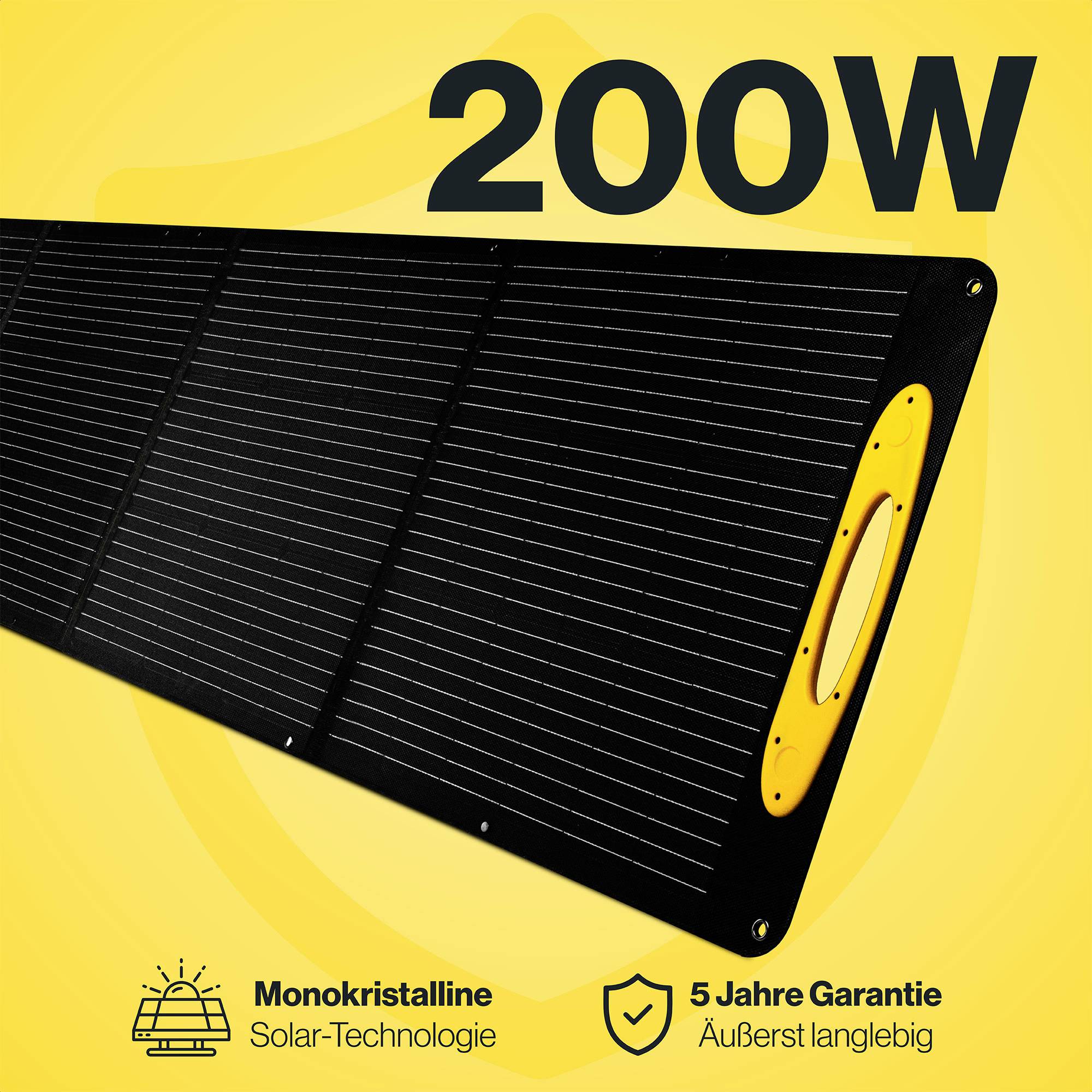 Czarny moduł solarny z żółtą rączką na żółtym tle. Tekst: '200W'. Symbole technologii monokrystalicznej i 5-letniej gwarancji.