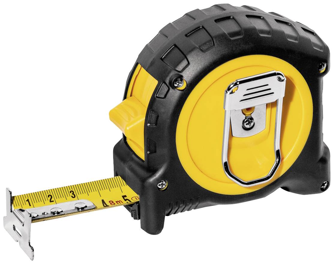 Żółto-czarna miarka zwijana z wysuniętą metalową taśmą, wskazująca jednostki metryczne. Stosowana w budownictwie lub majsterkowaniu.