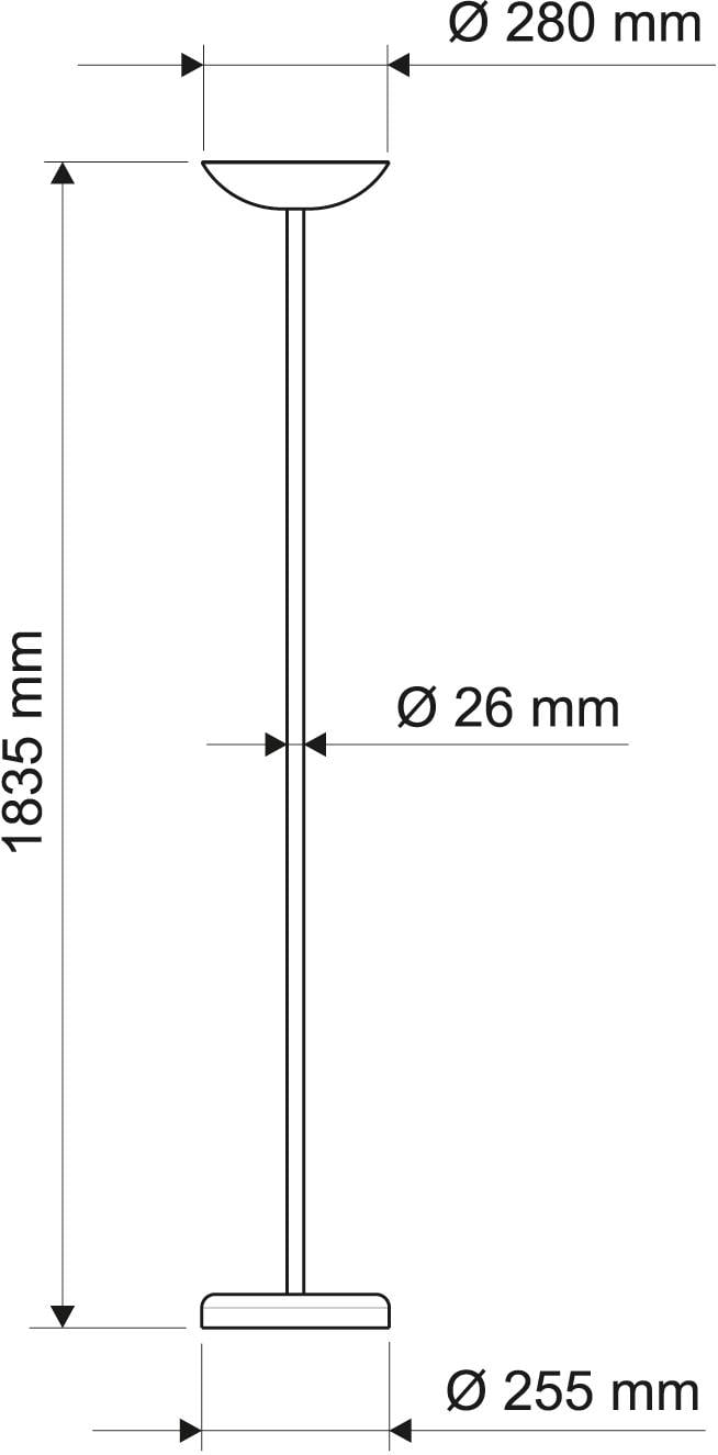 Lampa stojąca z wymiarami: wysokość całkowita 1835 mm, średnica górnego abażuru 280 mm, średnica rurki 26 mm, średnica podstawy 255 mm.