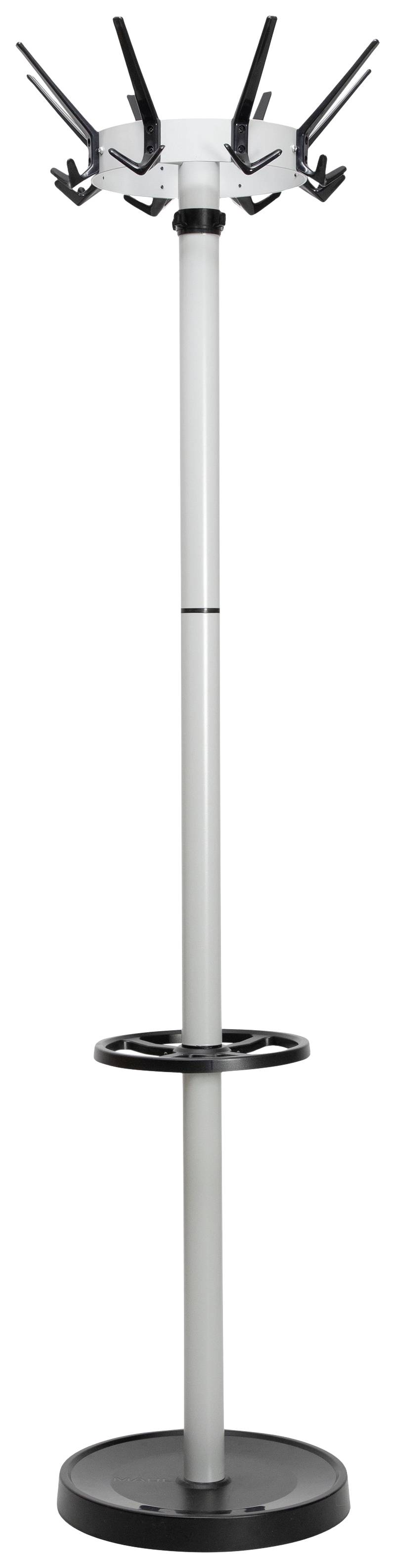 Srebrny wieszak na ubrania z kilkoma haczykami na górze i uchwytem na parasole pośrodku.