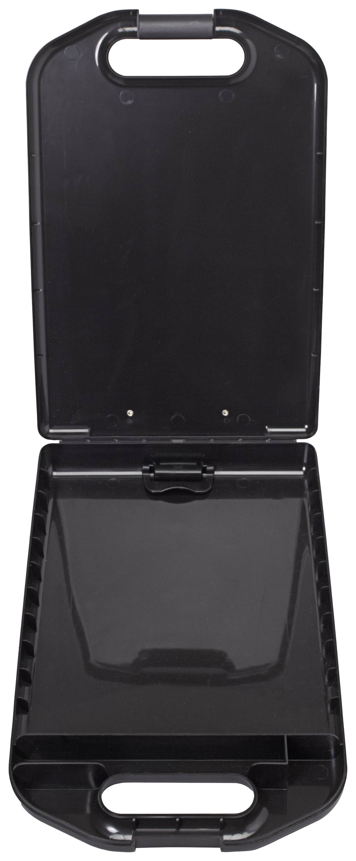 Otwarty czarny kufer, pusty, z dwoma uchwytami, prezentuje prostą, solidną konstrukcję.