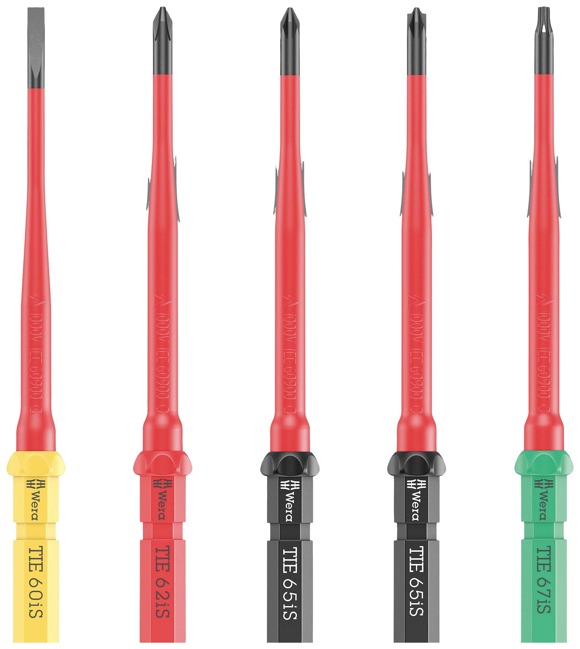 Pięć izolowanych grotów wkrętaków w kolorze czerwonym z uchwytami kodowanymi kolorystycznie, przeznaczonych do różnych rozmiarów i zastosowań.