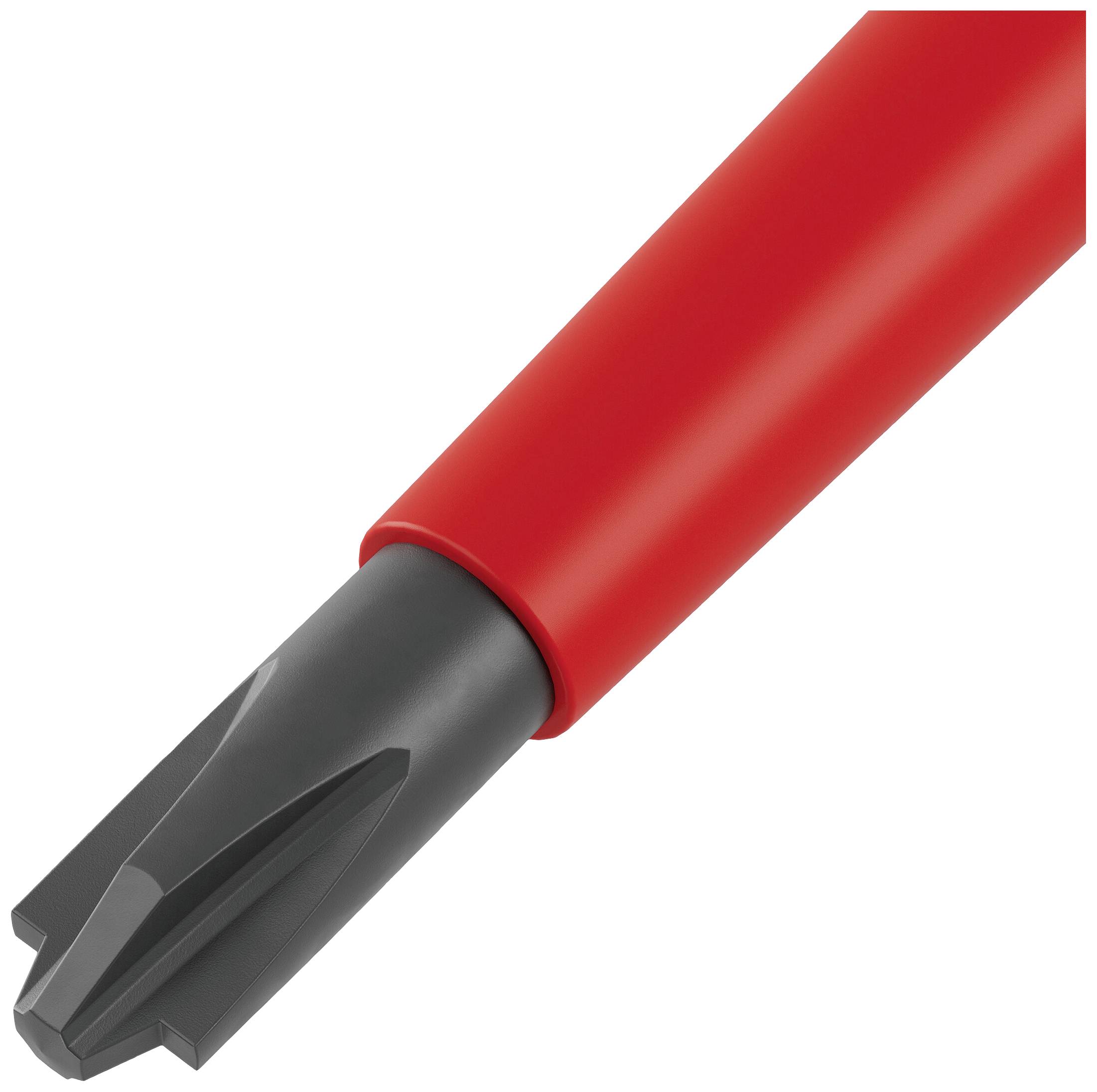 Czerwony plastikowy uchwyt z szarą sześciokątną stalową końcówką narzędziową.