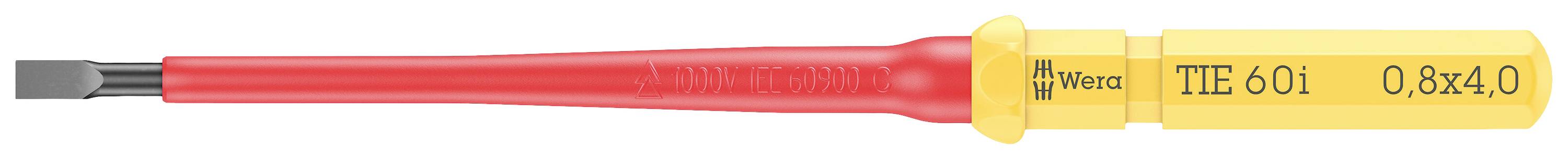 Płaski śrubokręt z czerwonym trzonkiem i żółtą rękojeścią z napisem 'WE 60i 0.8x4.0'. Odpowiedni do prac elektrycznych.
