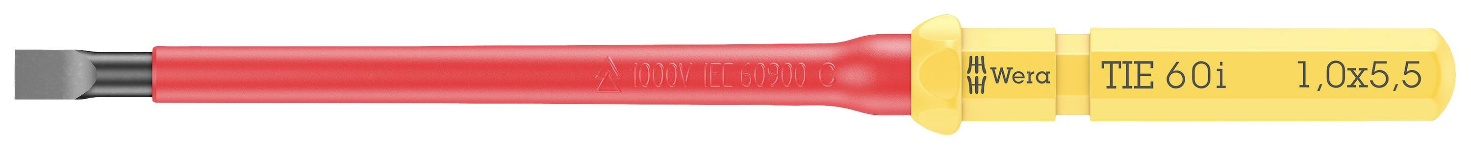 Izolowany wkrętak z czerwonym uchwytem i izolacją w kolorach czerwonym i żółtym, oznaczony napisem 'Wiha TIE 601 1,0x5,5', przeznaczony do zapewnienia bezpieczeństwa elektrycznego.