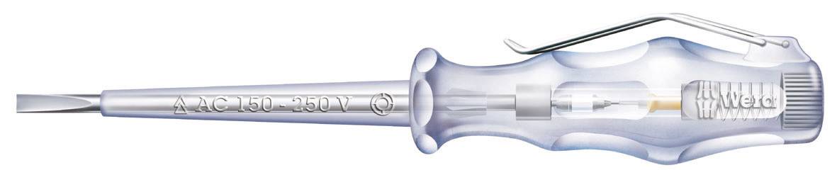 Wkrętak kontrolny z przezroczystą rękojeścią, klipsem bocznym i ostrzem z napisem 'AC 110-380V'.