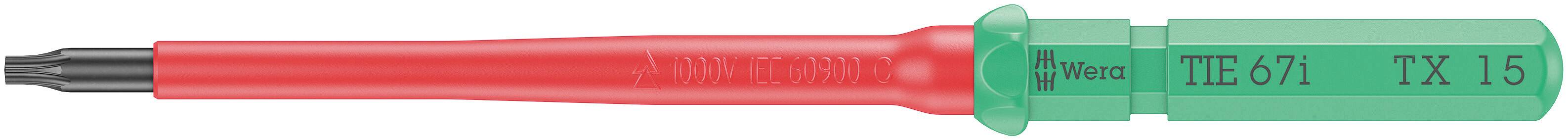 Czerwony i zielony śrubokręt z napisem 'Wiha SoftFinish TIE 6.1 TX 15'.