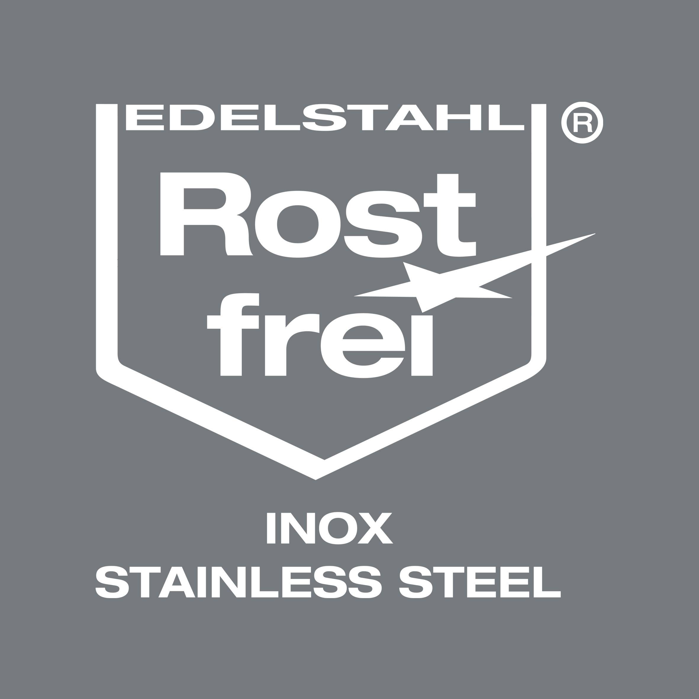 Logo 'Rostfrei Edelstahl' z ptakiem pośrodku; poniżej napis 'Inox Stainless Steel'.