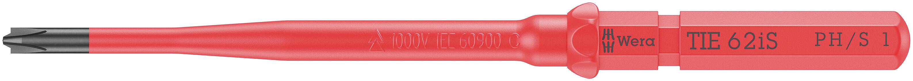 Czerwony wkrętak Wiha z izolowaną rękojeścią i czarnym grotem, oznaczony napisem 'Wiha 1', przeznaczony do prac przy elementach pod napięciem.