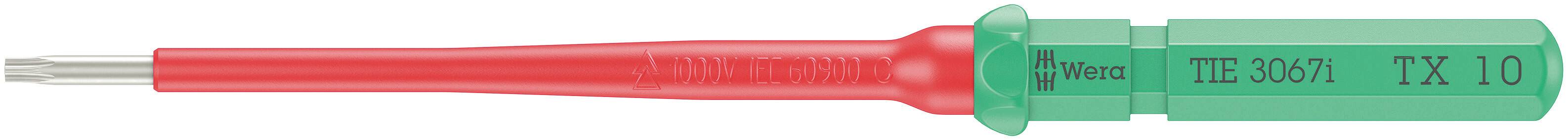 Wkrętak z czerwonym uchwytem i zielonym końcem. Oznaczony napisem 'PB Swiss Tools PB 1204.1 100'. Odpowiedni do wkrętów Torx.