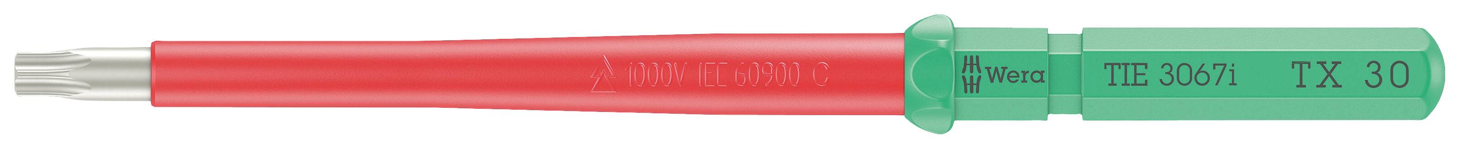 Wkrętak z czerwonym uchwytem i zielonym metalowym końcem, na którym widnieje napis 'TE 30/1 TX 30'. Idealny do wkręcania wkrętów Torx.