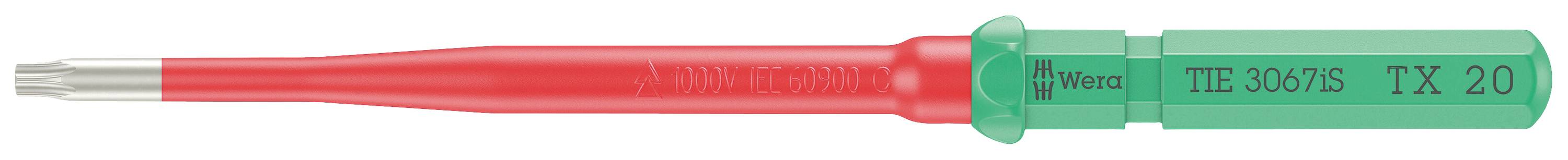 Wkrętak z czerwonym uchwytem i zielonym wkładem metalowym. Napis: 'TE 30/S TX 20'.